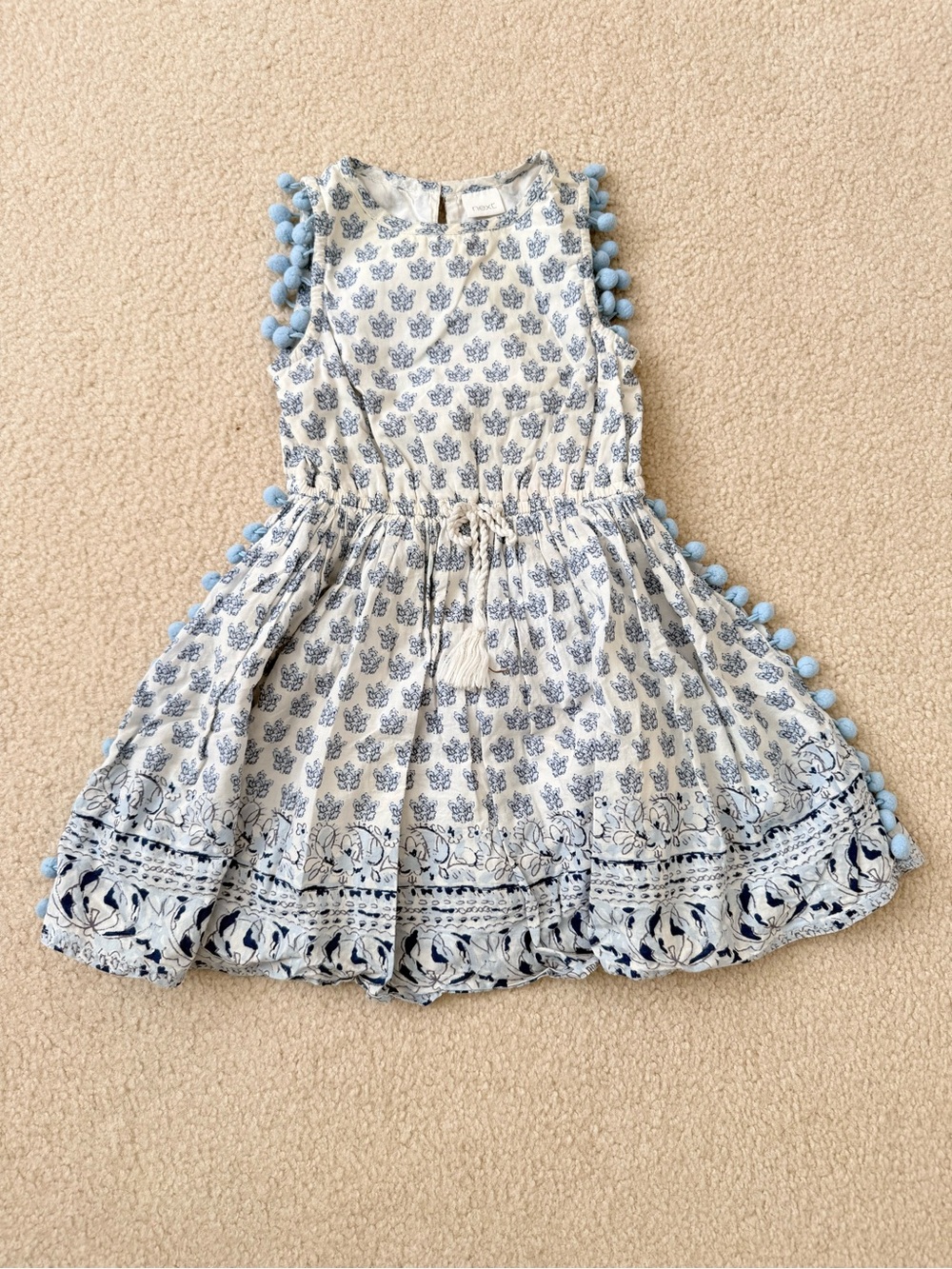 next White and Light Blue Pom-Pom Border Casual Girls Dress